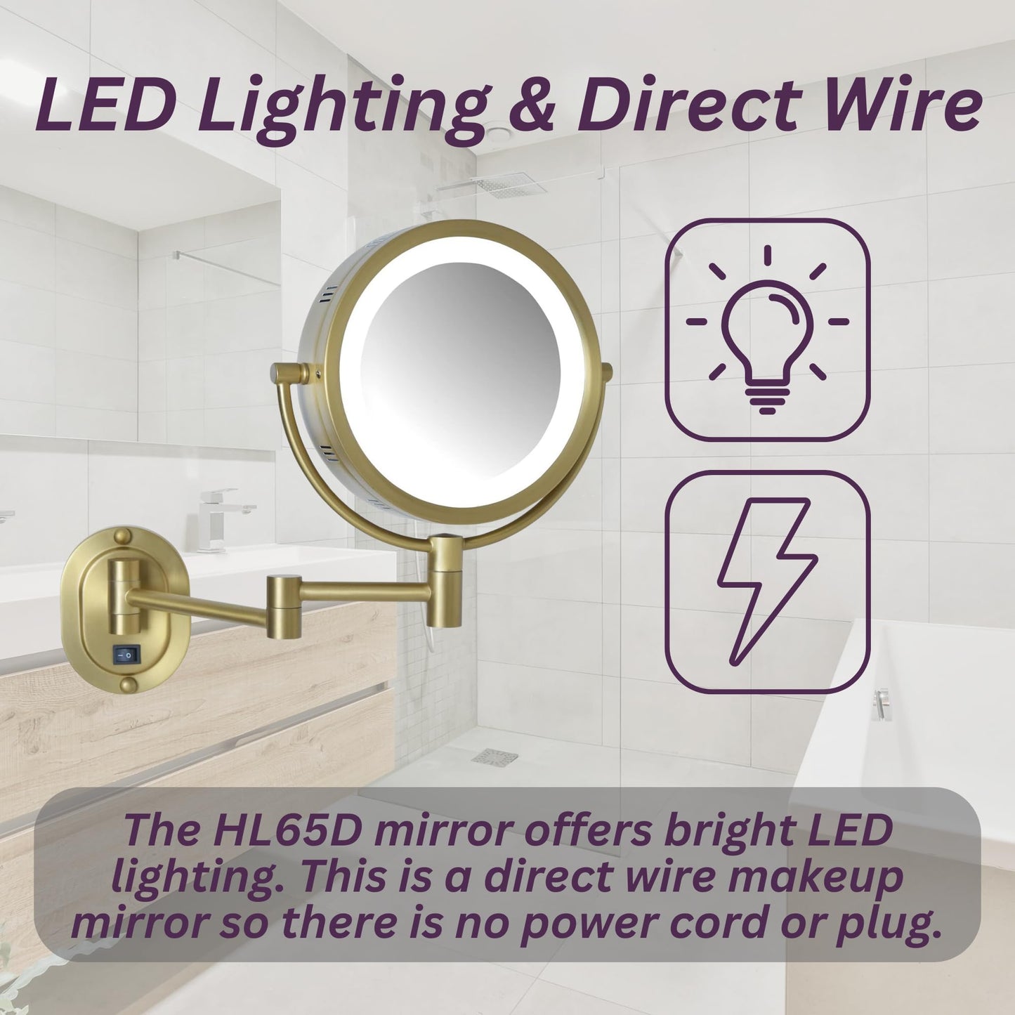 JERDON Wall-Mounted Makeup Mirror with 5X Magnification - Gold Makeup Mirror with LED Lights - Direct Wire - Model HL65BGD