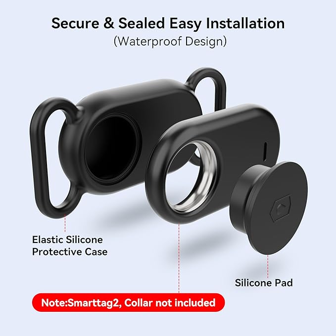Dog Collar Holder(2 Pack) for Galaxy Smarttag2, Waterproof Silicone Case for Pet Cat, Anti-Lost Scratch Resistant Protective Cover Accessory for Samsung Galaxy Smart tag2 (Black)