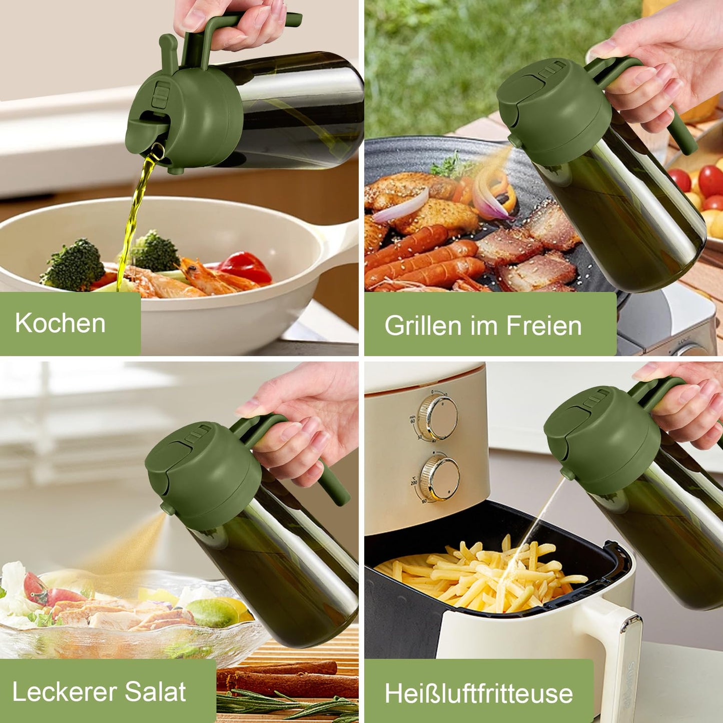 YARRAMATE 2Pcs 16oz/470ml Dark Green Oil Sprayer for Cooking with Stickers, Food-grade Premium 2 in 1 Olive Oil Dispenser Bottle for Kitchen Gadgets, Air Fryer, Salad, Frying, BBQ (Black&OliveGreen)