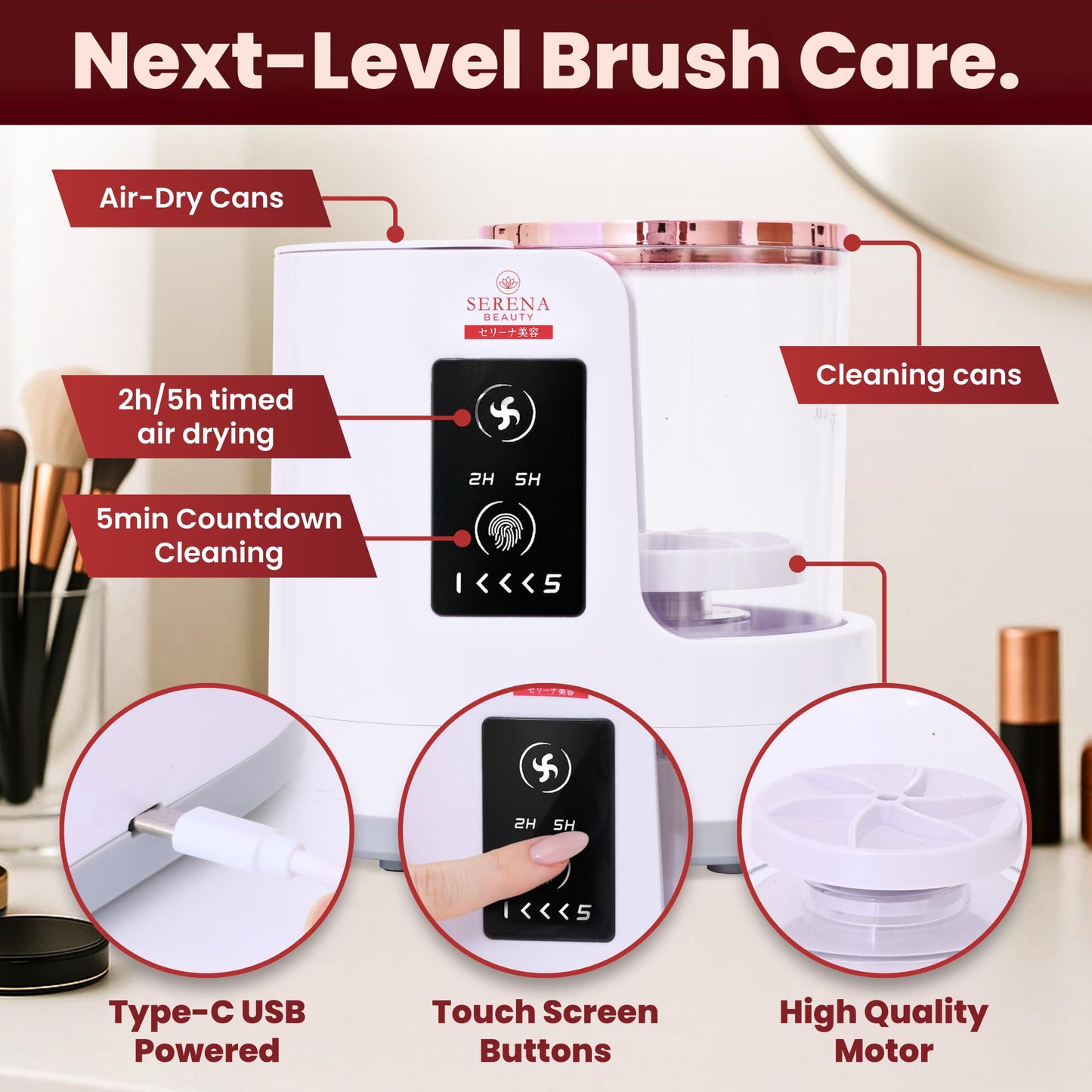 Serena Beauty 3-in-1 Electric Makeup Brush Cleaner Machine – Automatic Make up Brush Cleaner & Dryer, Portable, USB Powered, 5 Min Auto-Cycle To Clean | Dries Multiple Brushes in 2H -5H Drying Cycle.