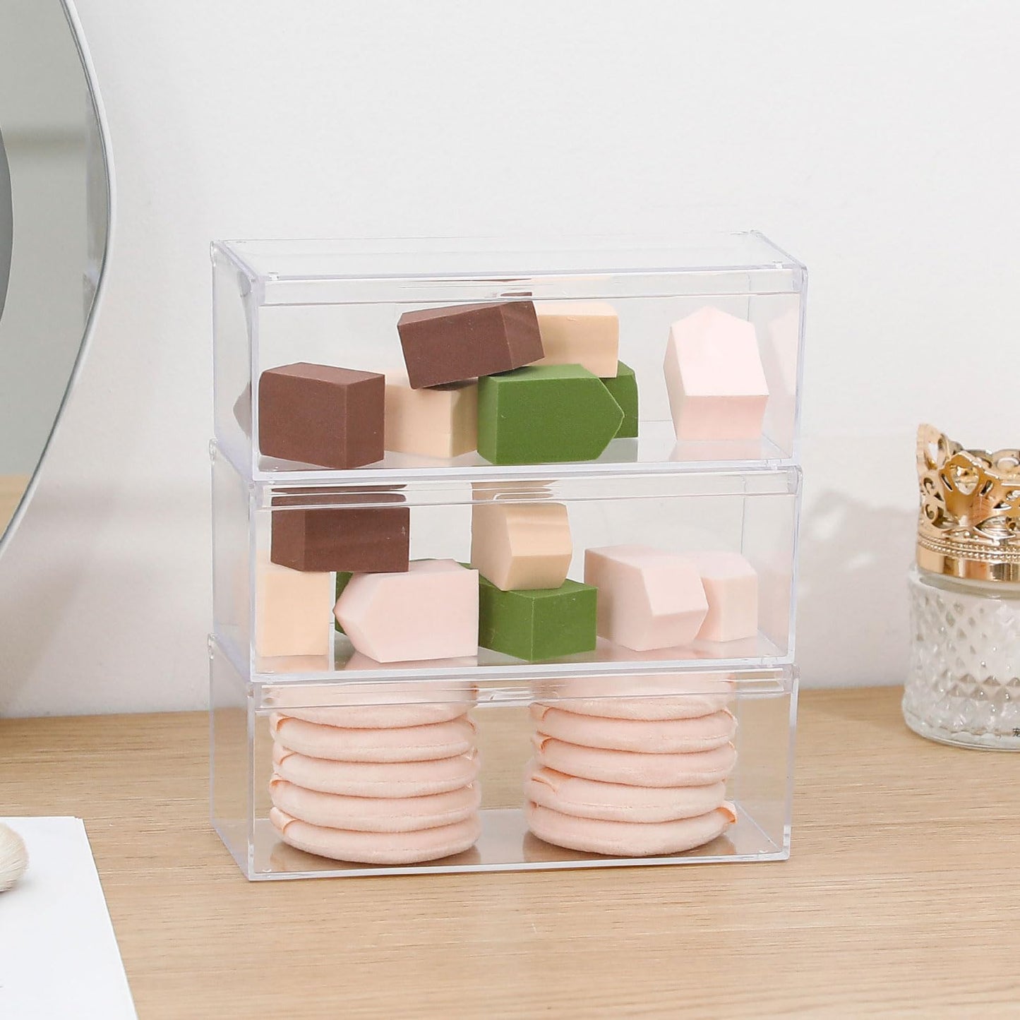 GOXITAX 3 Pack Qtip Organizer Container with Lid, Plastic Bathroom Vanity Storage Canister for Cotton Swabs and Balls, Makeup Sponges, Hair Clips, Clear Counter and Desk Drawer Holder