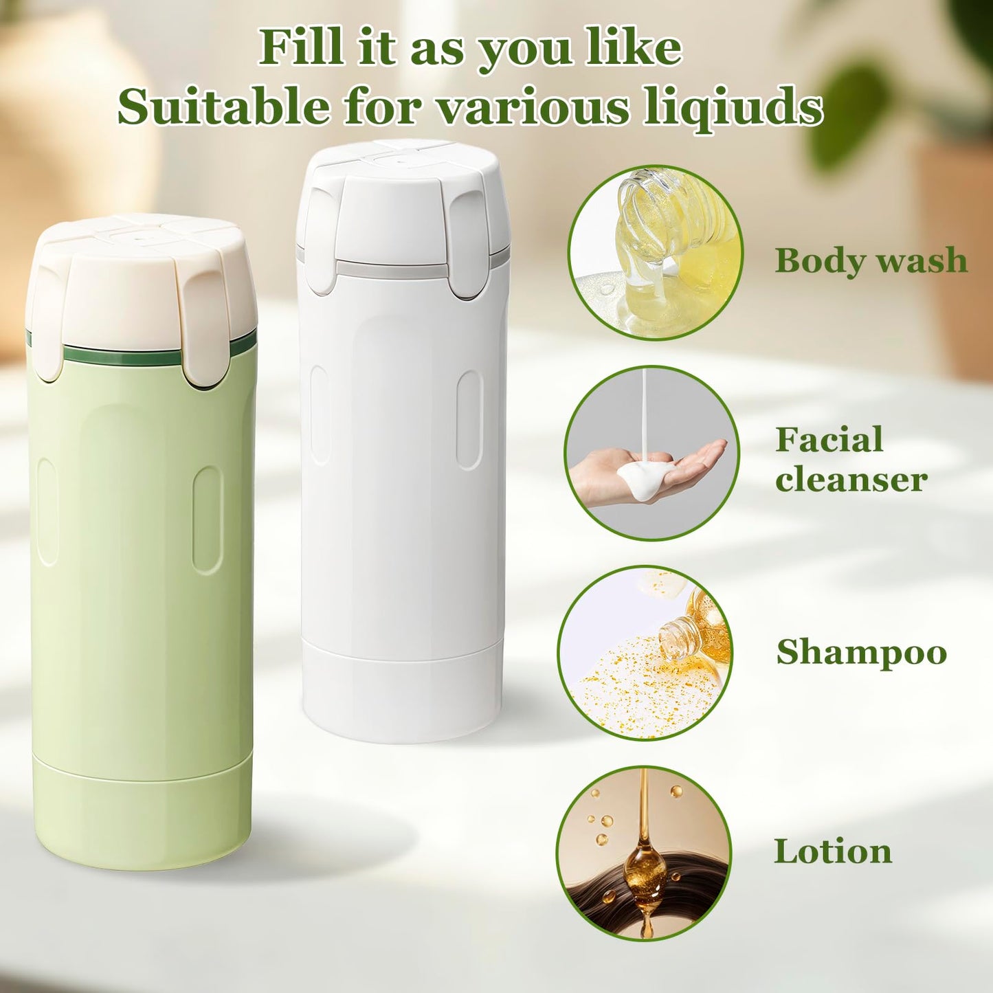 4 in 1 Travel Dispenser, 4 Pack 30ML Leak Proof Travel Size Bottles with Stickers, Brush & Storage Bag, Refillable TSA Approved Travel Toiletry Container Set for Shampoo, Lotion, Conditioner (White)