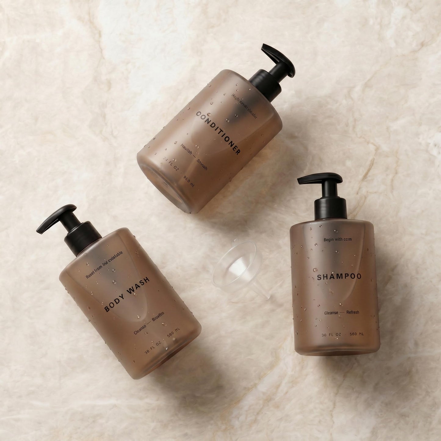 Stylish Shampoo and Conditioner Dispenser Set of 3 - Modern 20oz Shower Soap Bottles with Pump and Labels - Easy to Refill Body Wash Dispensers for an Instant Bathroom Decor Upgrade