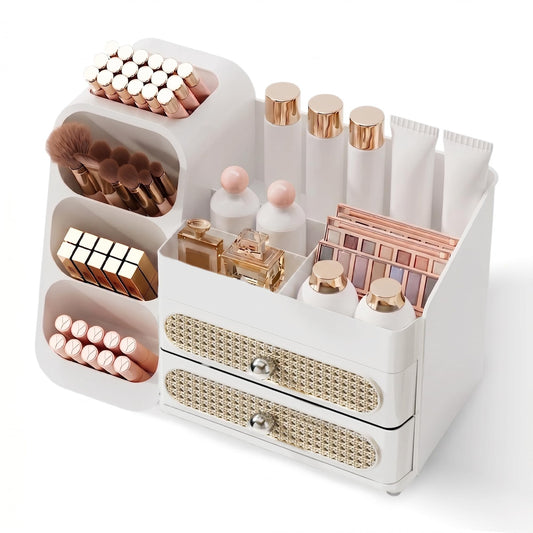 Booklov Makeup Organizer for Vanity, Large Capacity Cosmetic Display Case with Drawers, Countertop Beauty Storage Holder for Skincare, Brush Eyeliner Perfume Eyeshadow Lipsticks, Counter Desk, White