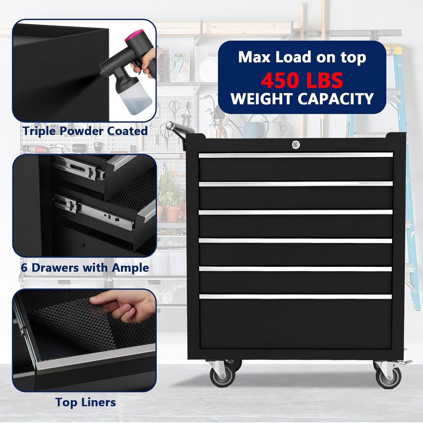 GarveeHome 6-Drawer Tool Chest, Rolling Tool Box with Wheels and Lock System, Portable Storage Rolling Tool Chest for Warehouse, Workshop & Repair Shop, Black