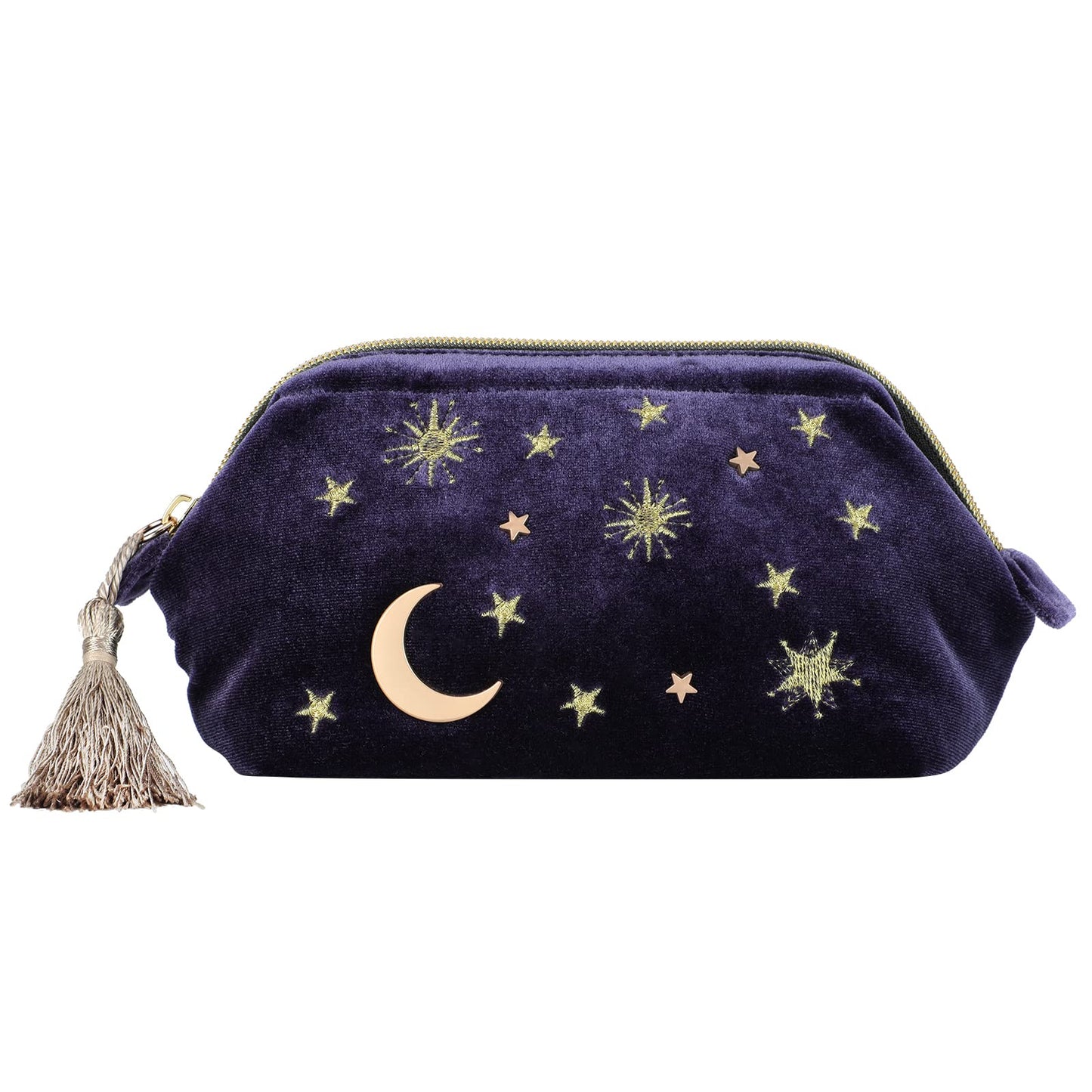 SZZCX Handy cosmetic makeup bag,Navy Velvet Embroidered Applique Moon Stars Cosmetic Bag,Starry Makeup Pouch with Tassels & Pearl Zipper,Beautician Storage Bag