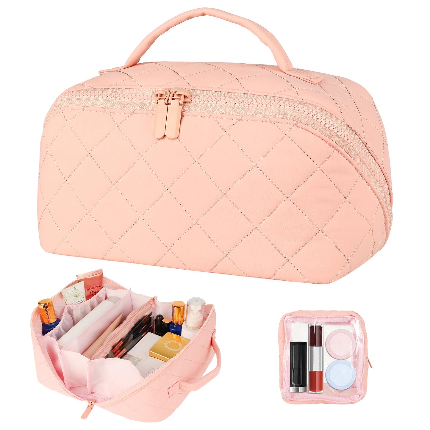 XSMNER Travel Makeup Bag, Festivalment Wide Open Lay-Flat Water-Resistant Cosmetic Case, Puffy Padded Organizer for Toiletries & Brushes Large Capacity with Compartments (Pink)