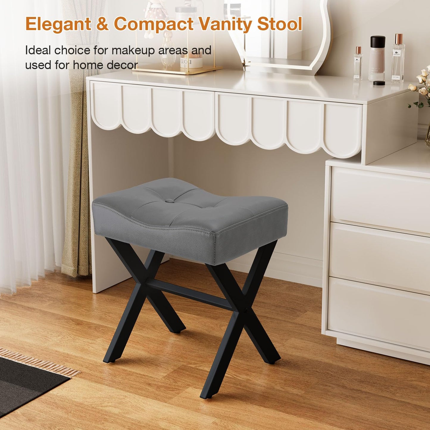 Memobarco 18-Inch Leather Vanity Stool Chair, Vanity Bench with Metal X-Leg, Ottoman Accent Stool with Thick Padded Saddle Seat, Gray