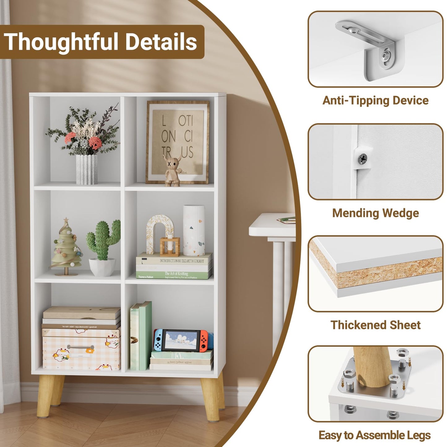 VAFHYLLIS 6 Cube Storage Organizer with Legs, 3 Tier Cube Low Bookcase Freestanding Storage Display Organizer for Home Office, Three-Cubes Open Shelf Short Bookshelf (White, 6 Cube Vertical)