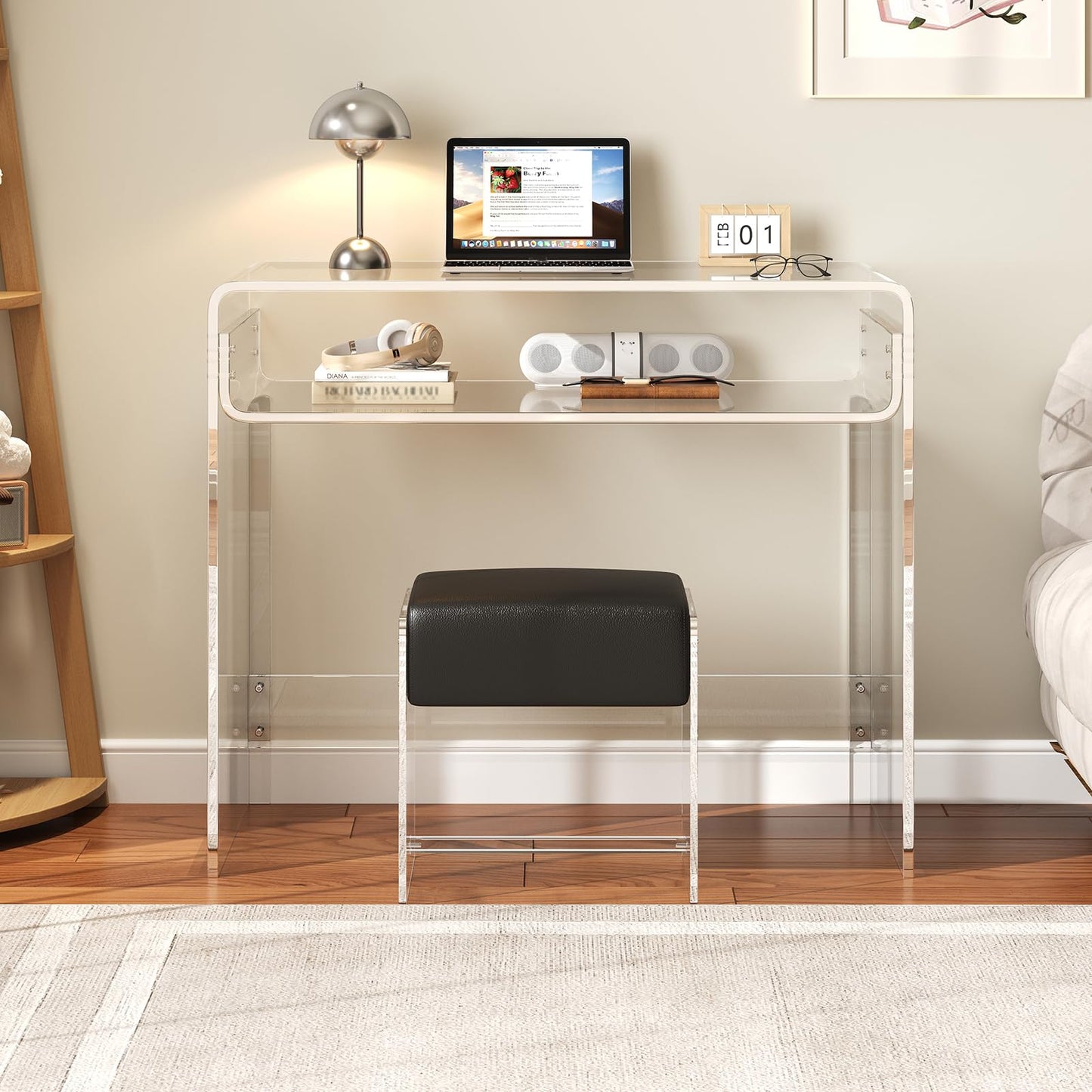 XOHYW Vanity Stool Chair, Soft Ottoman with Clear Acrylic Legs, Modern Padded Seat Footstool for Entryway, Hallways, Bedrooms and Living Room