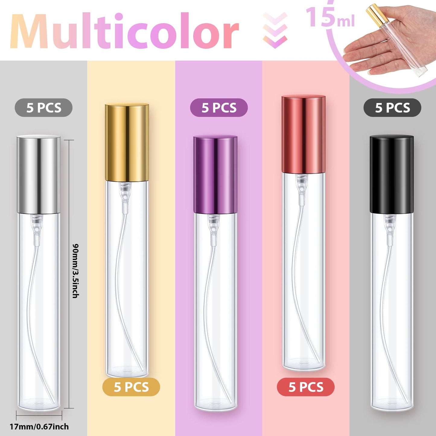 Yinder 25 Pcs 15ml Travel Spray Bottle Refillable Perfume Atomizer Bulk Glass Mini Cologne Perfume Bottles Empty Fine Mist Portable Small Sample Containers(Black, Red, Purple, Gold, Silver)