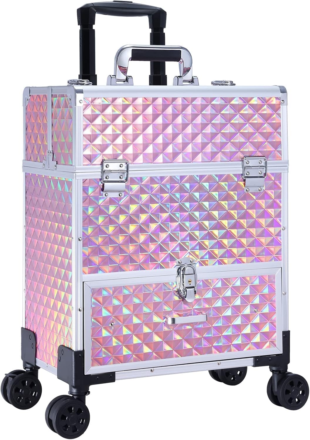 Adazzo Professional Rolling Makeup Case with Drawer for Makeup Artists Cosmetic Train Case Large Storage Case for Nail Technicians Cosmetology Case with Detachable Bag for Hairstylist Pink
