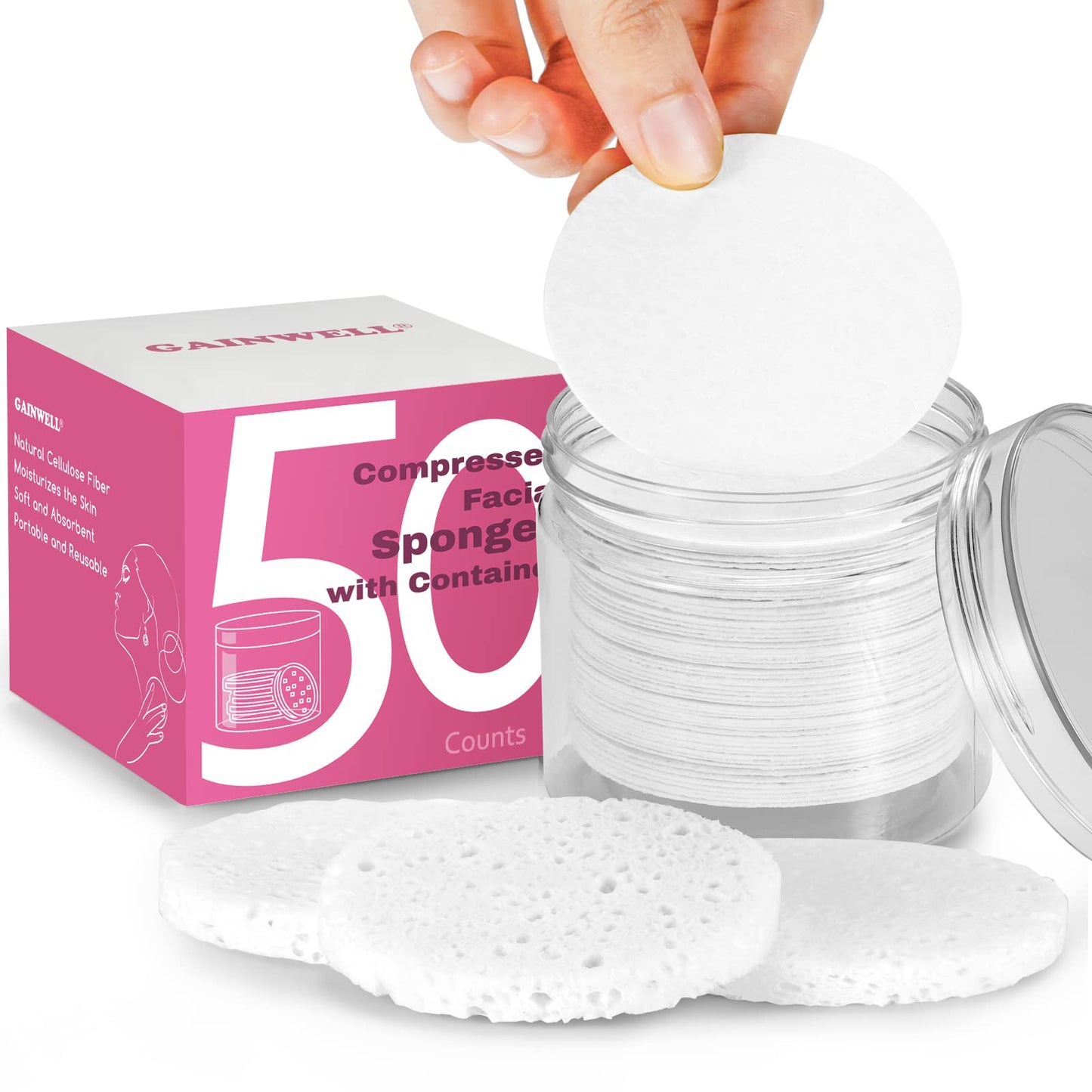 GAINWELL 50-Count Compressed Facial Sponges with Storage Container, for Facial Cleansing, Reusable Makeup Remover, Portable, Suitable for Travel, White