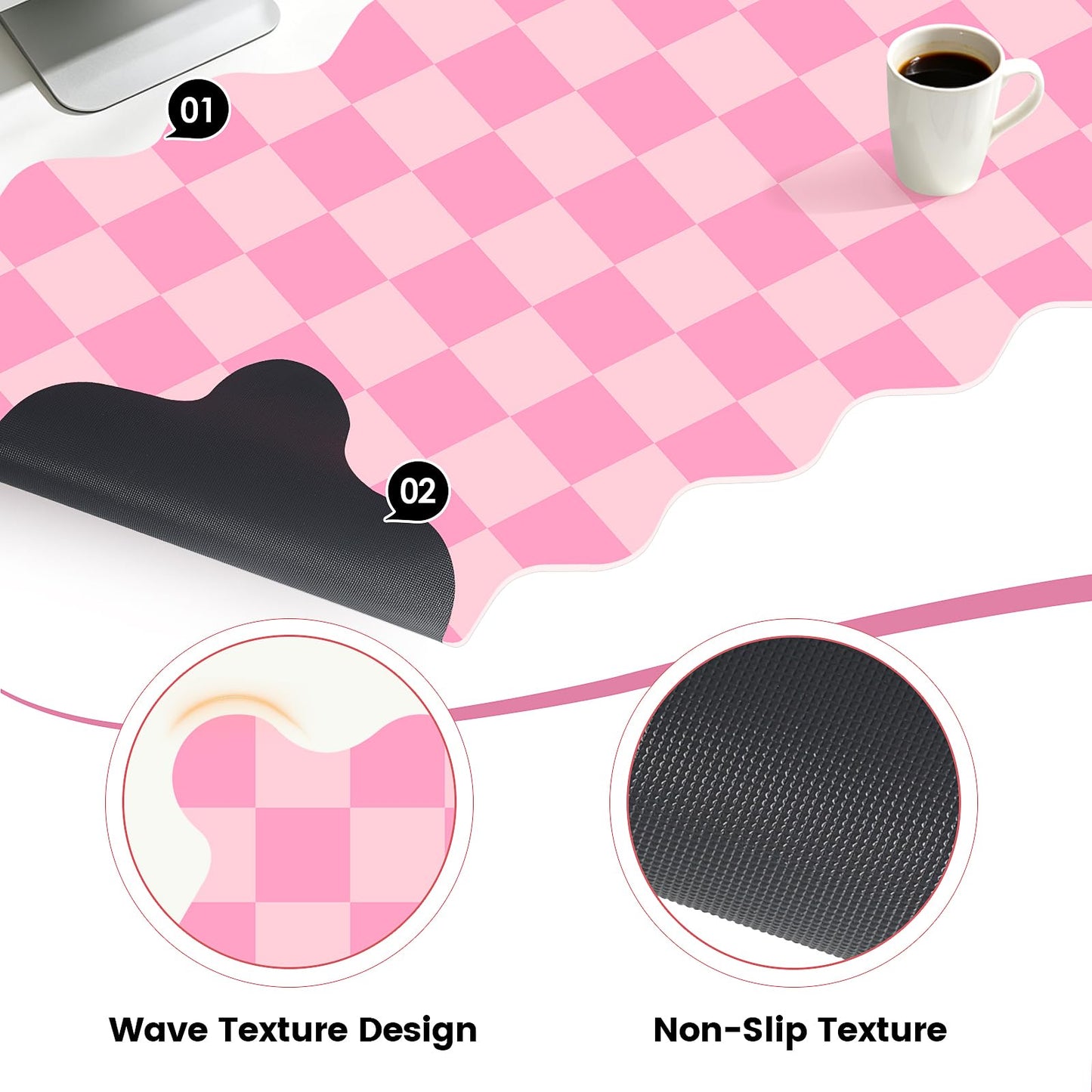 Scalloped Pink Desk Mat, 31.5" x 15.7" Waterproof Large Desk Mat, Non-Slip Computer Mouse Pad and Keyboard Mat, Pink Cute Desk Mat for Office, Work, Home, or Vanity