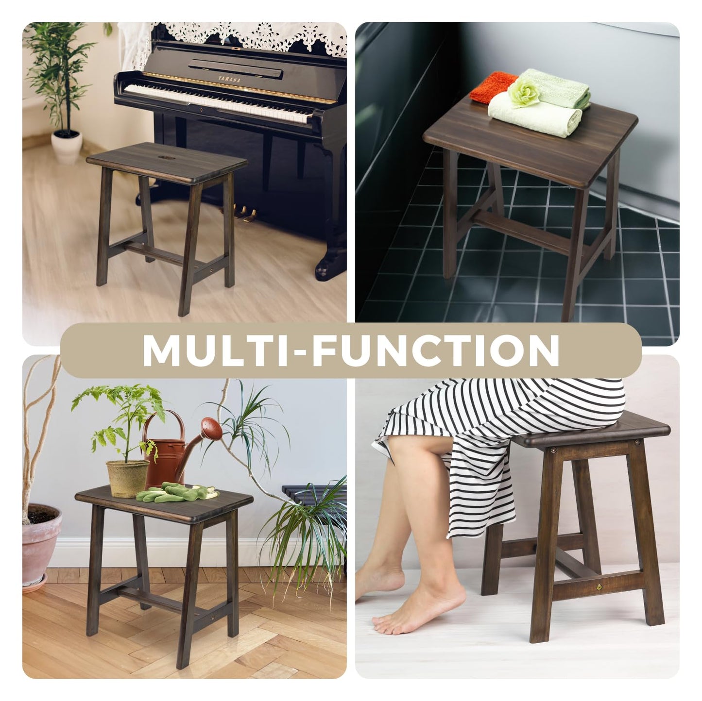 Acacia Wood Stool - Rectangular (16.7" D x 13" W x 17.7" H) - Small Bench Seat, End Table, Bathroom, Plant, Makeup Stool - Walnut Color