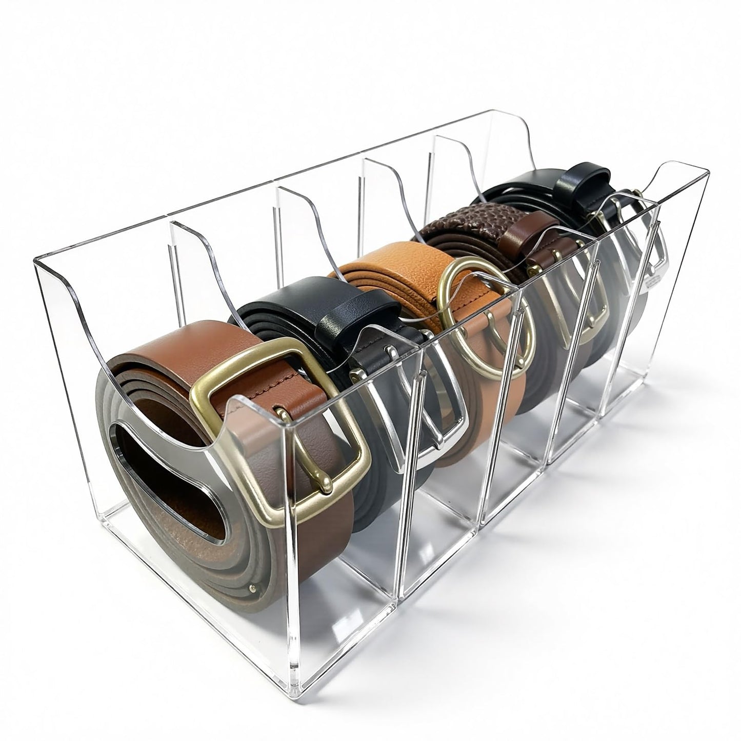 Sazunrel Acrylic Belt Organizer, Belt Holder Organizer 5 Compartments Clear Storage Holder for Closet & Drawer, Adjustable Display Case for Ties, Belts and Accessories
