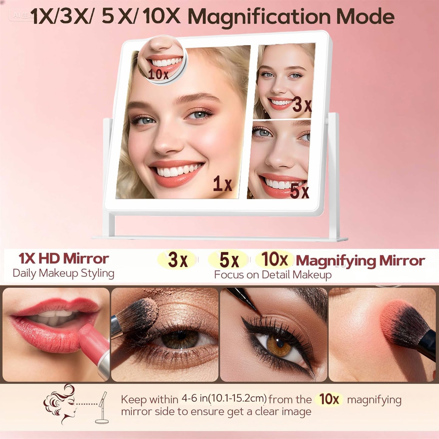 DEXHOM Makeup Mirror, Vanity Mirror with Lights, 1X/3X/5X/10X Magnification, Touch Control, Mothers Day, Birthday Gifts for Mom,Women,Girls, Dorm Room Essentials 14.1" W x 11" L (96 LED)