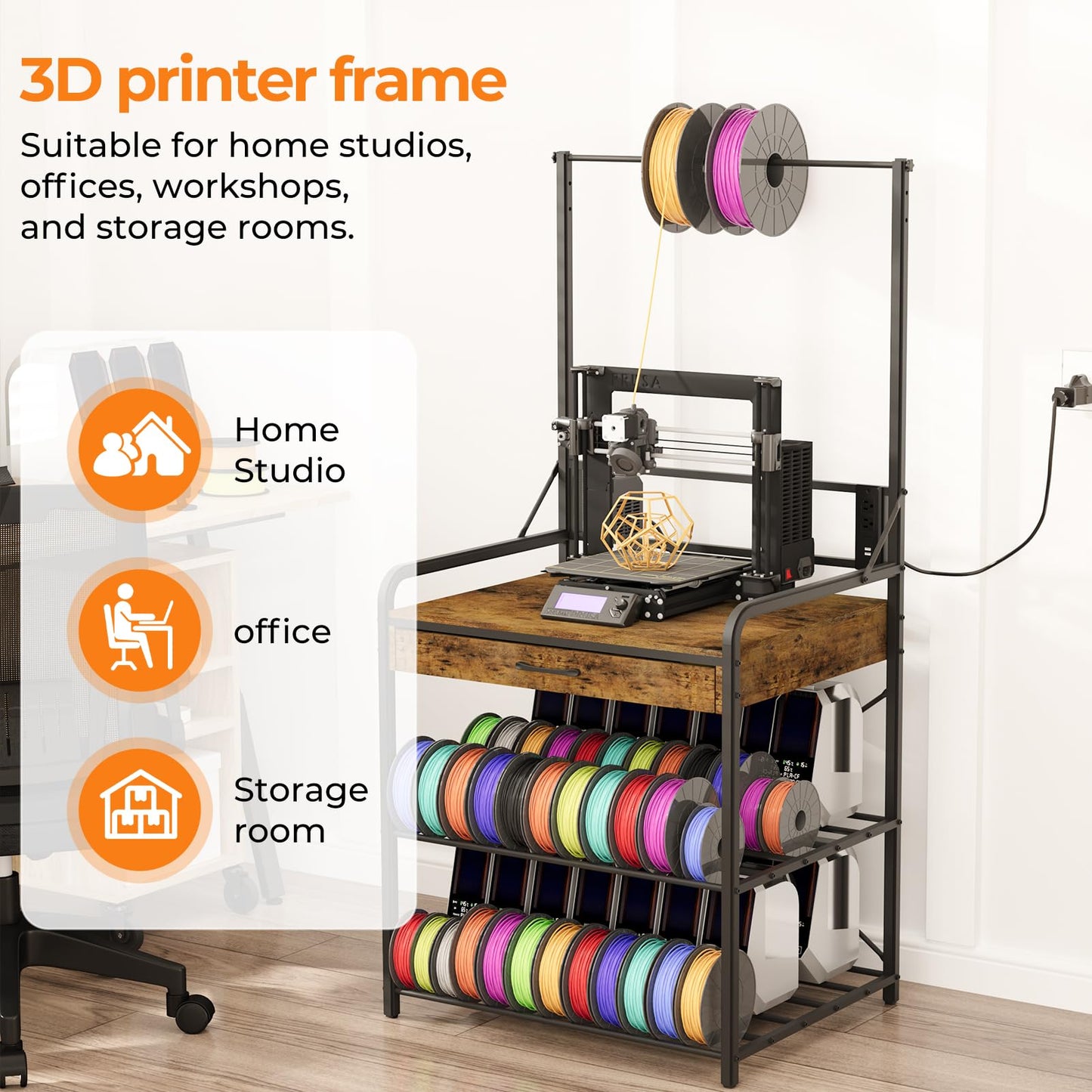Anrigeail 3D Printer Stand with Power Hub and Top Storage Shelf – Heavy Duty X-Bracket Stability, 3-Tier Storage & Tool Organizer for Workshop and Office