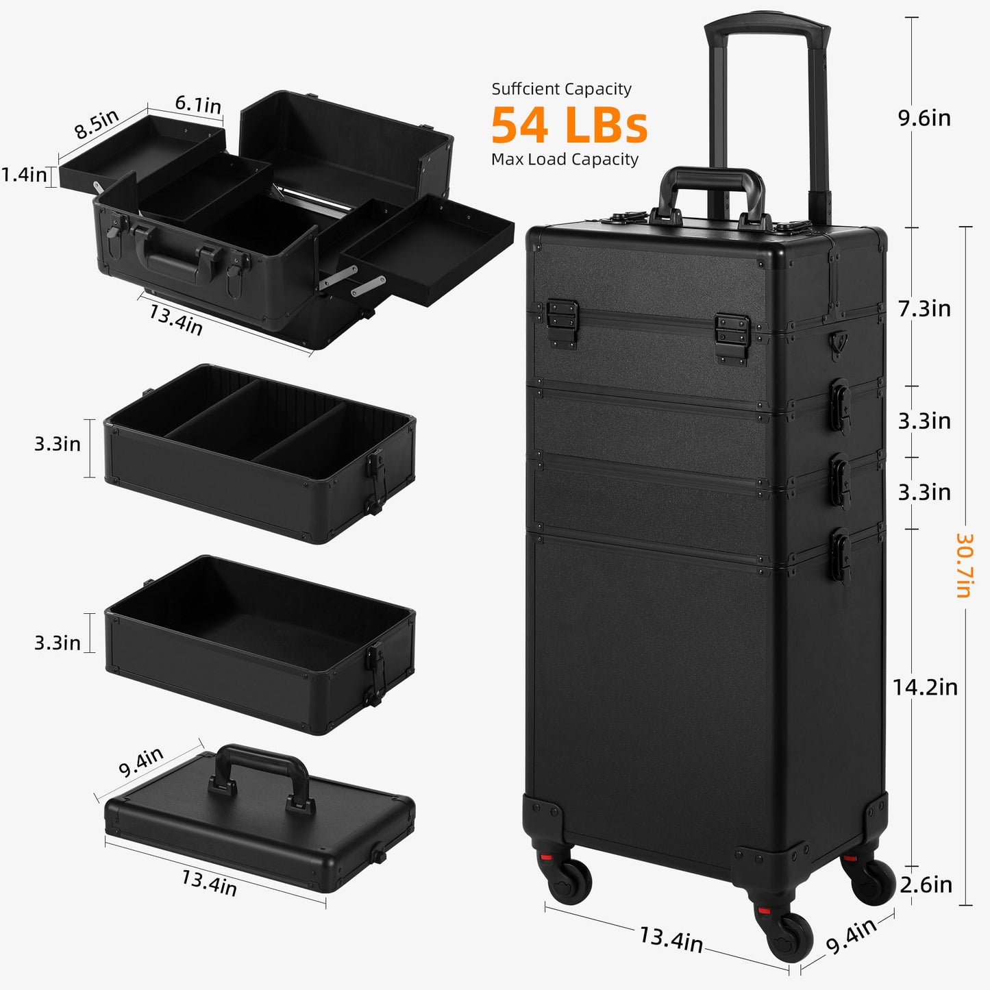 Somduy Rolling Makeup Case, Makeup Train Case with Lid, 5 in 1 Cosmetology Case on Wheels, Christmas Gift, Large Makeup Organizers, Profesional Cosmetic Case for Salon Barber, Black