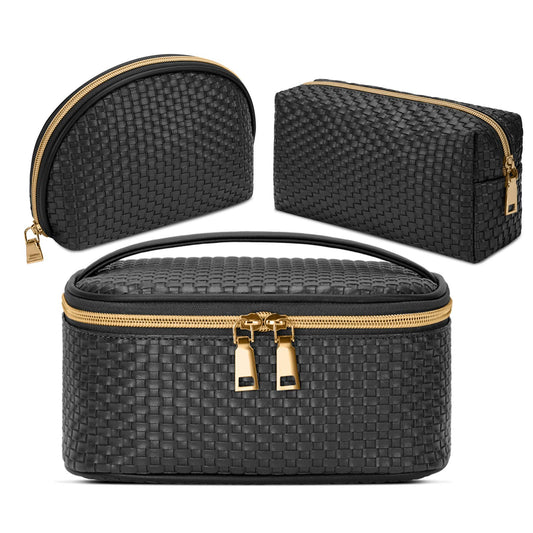KTMOUW Makeup Bag 3 Pcs waterproof Cosmetic Bag Portable Travel Cosmetic Bag Weave Organizer storage bag (Black)