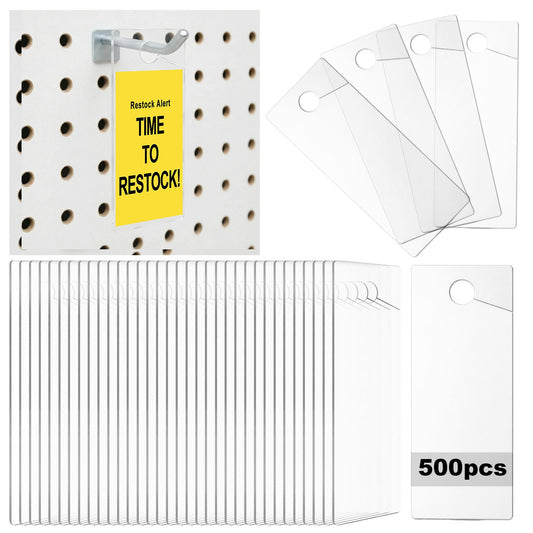 Bucherry 500 Pcs Clear Plastic Peg Hook Label Holders 3.25" X1.25" Clear UPC Tag & Reorder Ticket Tabs for Pegboard, Slatwall & Gridwall Hooks Durable Retail Price Label Display Easy Slide-on Design