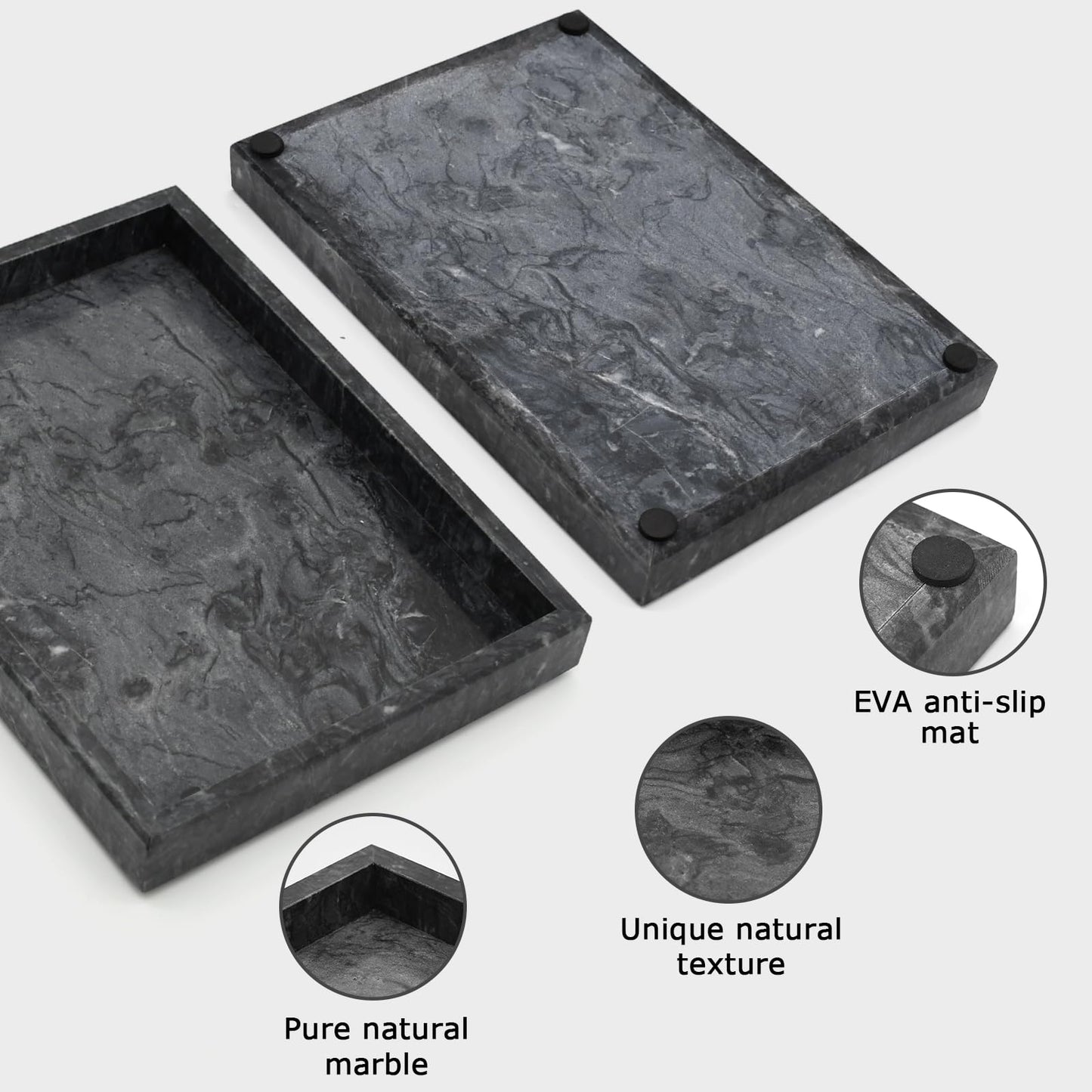 MULWR Marble Bathroom Tray,Pure Natural Vanity Tray,Marble Trays for Kitchen Counter Non-Ceramic/Non-Resin,Stone Tray 12 x 8 inch (Black) ﻿