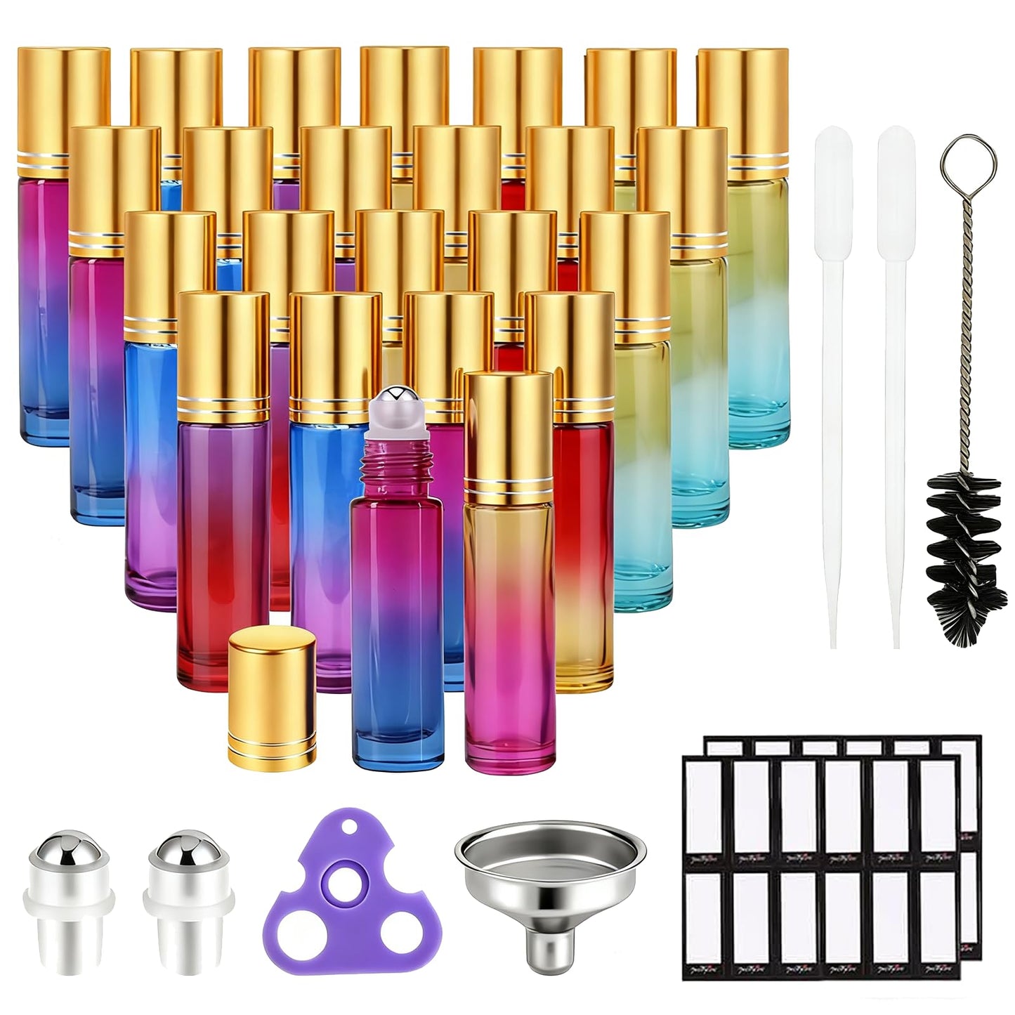PrettyCare Set of 24, 10 ml Essential Oil Roller Bottles with Stainless Steel Roller Ball - Refillable Leak-proof Empty Thick Rainbow Glass Roll on Bottles with Metal Caps for Travel, Perfume