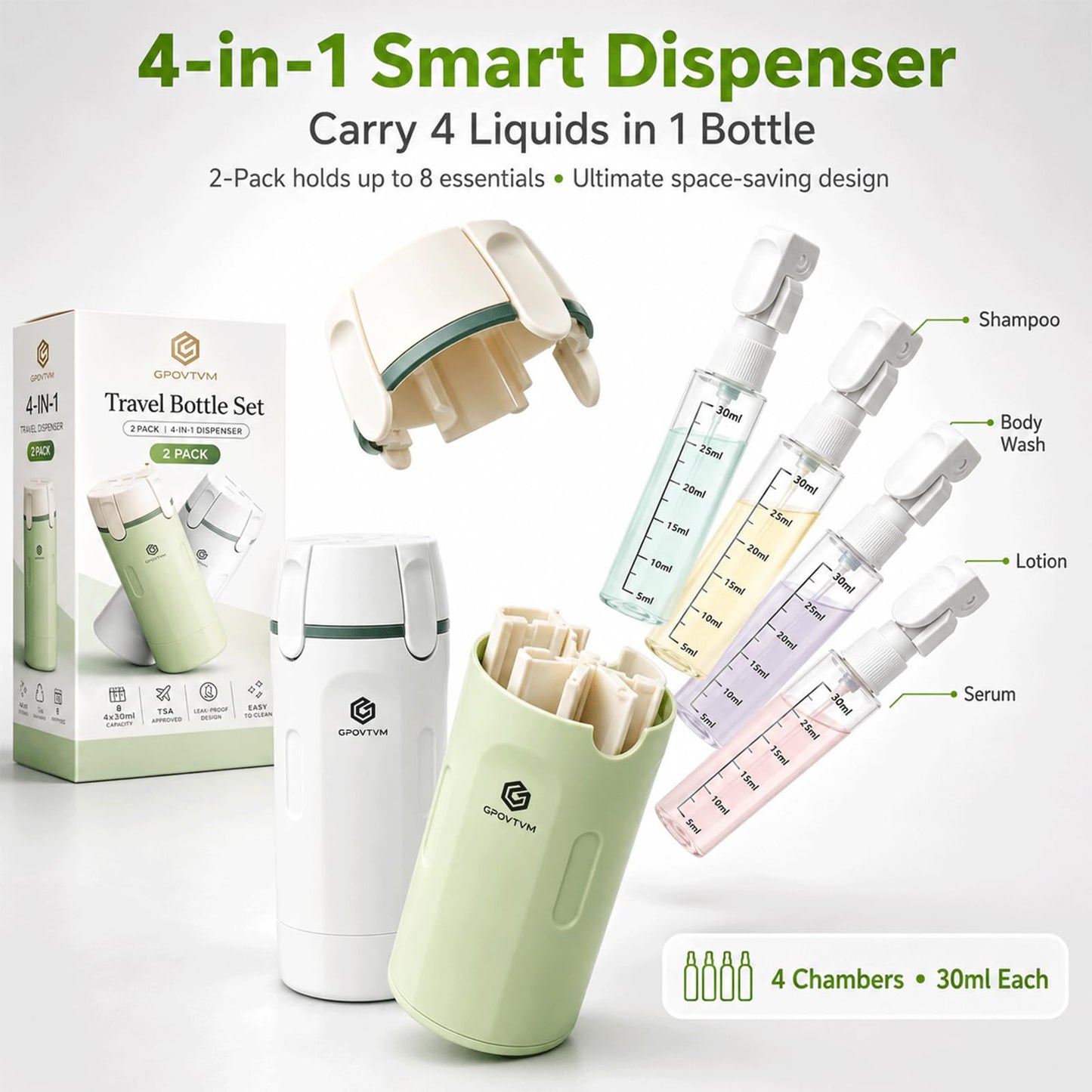 2 Pack 4 in 1 Travel Dispenser Bottle Four One Items Toiletry Containers Shampoo for Toiletries 4in -1 Soap 4-in-1 Leak Proof Rotatable Setpump Creams Sized TSA Refillable Lotion Cosmetic to Fill