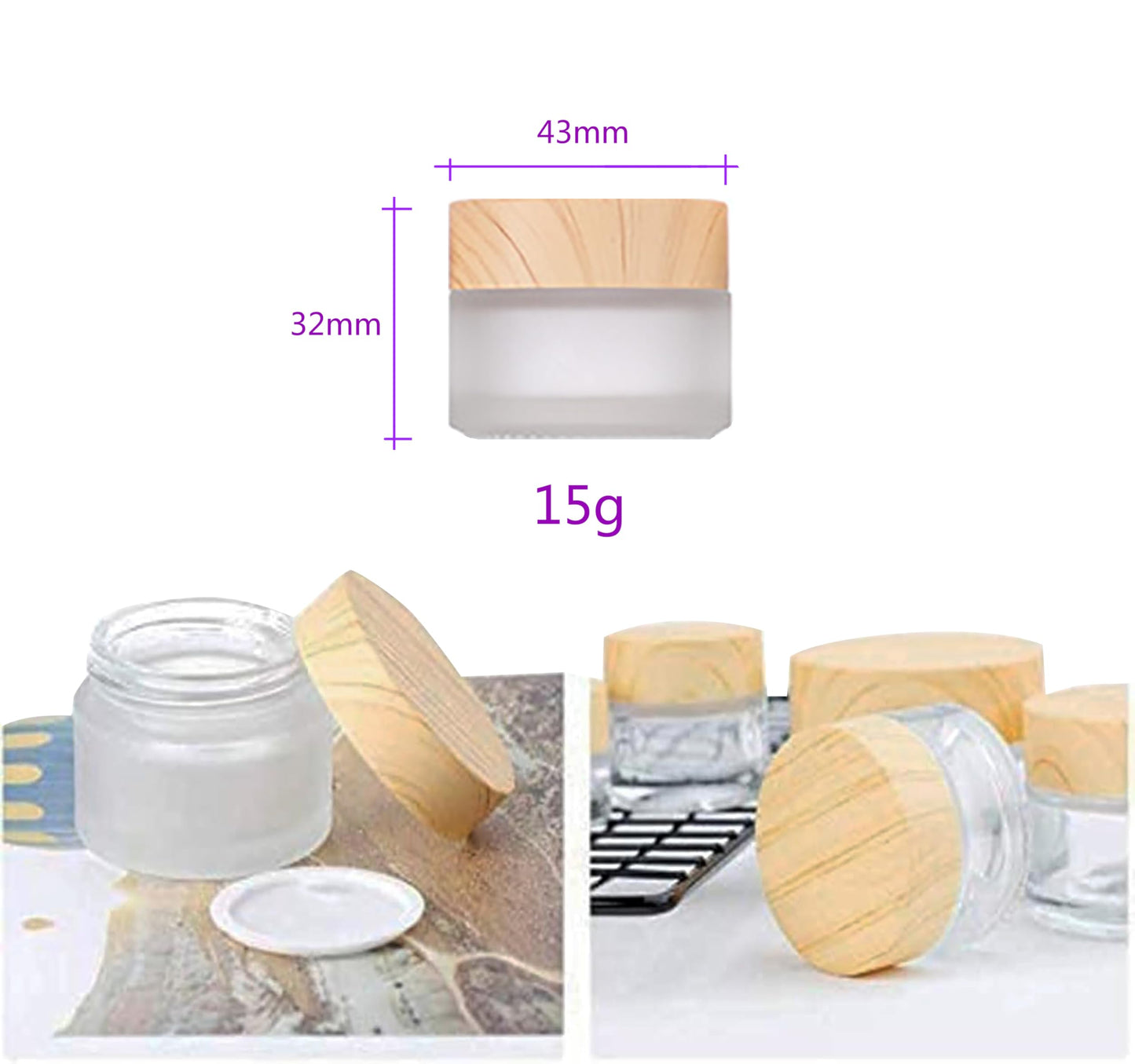 Healthcom 10 Packs 15ml/15g Empty Sample Jars Frosted Glass Cream Jar Bottle with Wood Grain Lid Cosmetic Containers Glass Cream Box Refillable Glass Cream Jar Pot for Makeup Lotion Face Eyeshadow