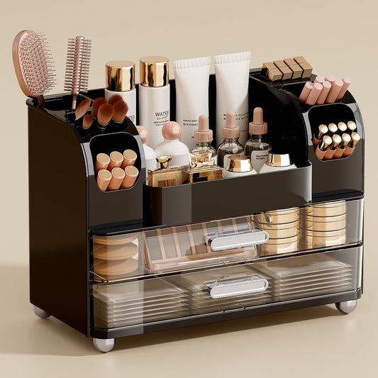 UFORU Makeup Organizer for Vanity with 2 Large Drawers, Cosmetic Display Case with Brush Holders, Easy to Storage for Bathroom Countertop Skincare, Perfume, Black