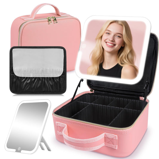 Junyaoxuan Travel Makeup Bag with LED Mirror,Travel Makeup Organizer with Removable LED Mirror,Makeup Case with Lighted Mirror 3 Color Setting,Pink