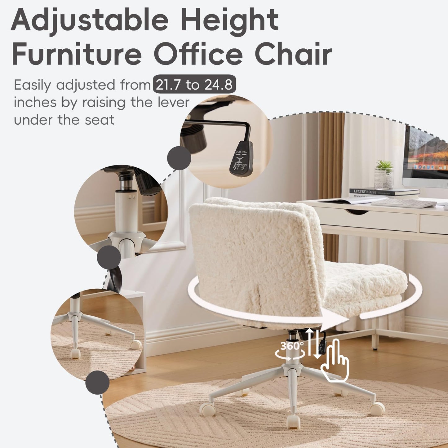 KIUMU Upgraded Plush Faux Fur Criss Cross Office Vanity & Desk Chair with White Metal Base – Extra-Wide Seat & Tilt Backrest, Adjustable Swivel Makeup Chair for Bedroom, Study & Home Office, Cream
