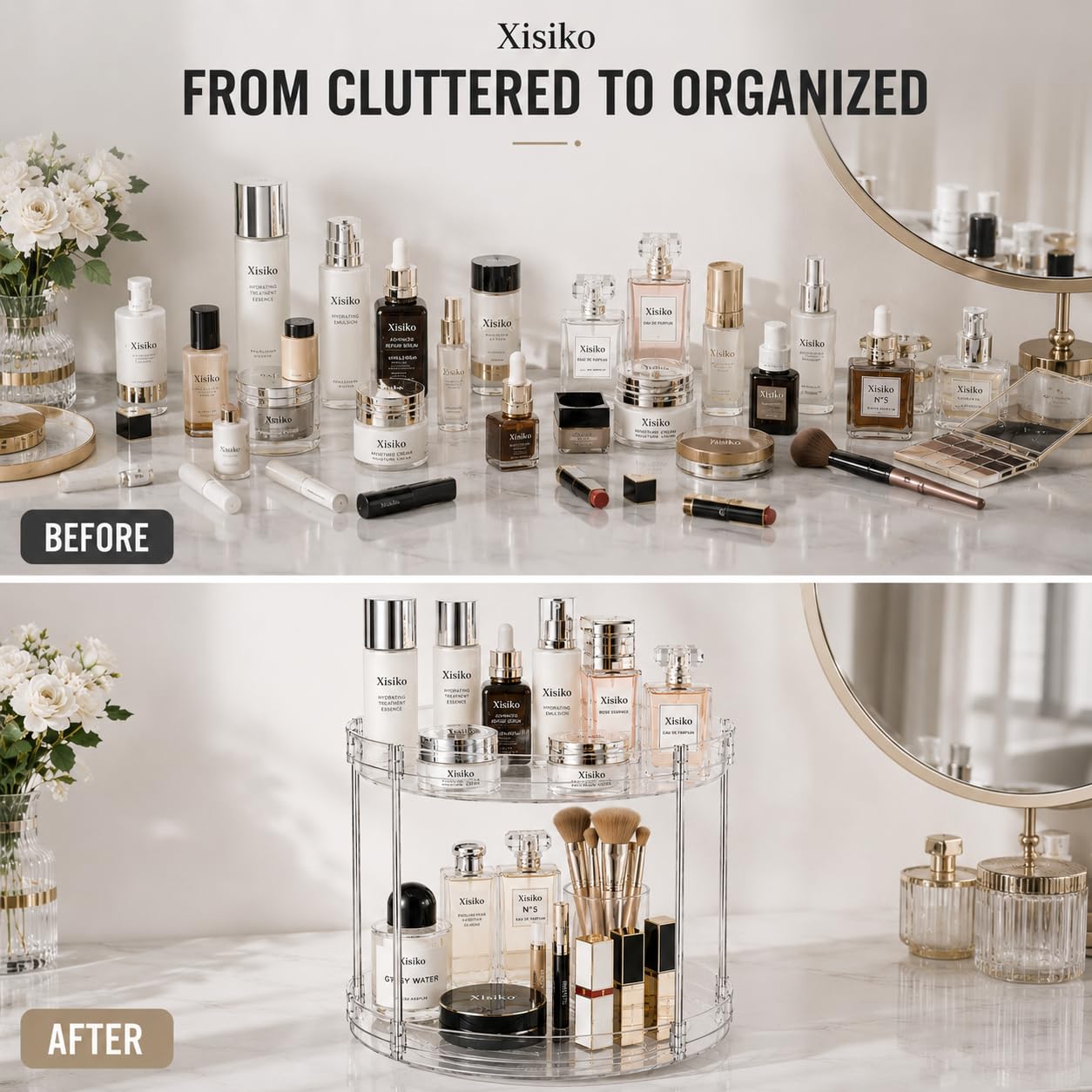 360° Rotating Bathroom Counter Organizer, 2 Tier Clear Makeup Organizer Vanity Storage for Skincare Perfume Cosmetics, Lazy Susan Spinning Storage for Bathroom Vanity Kitchen