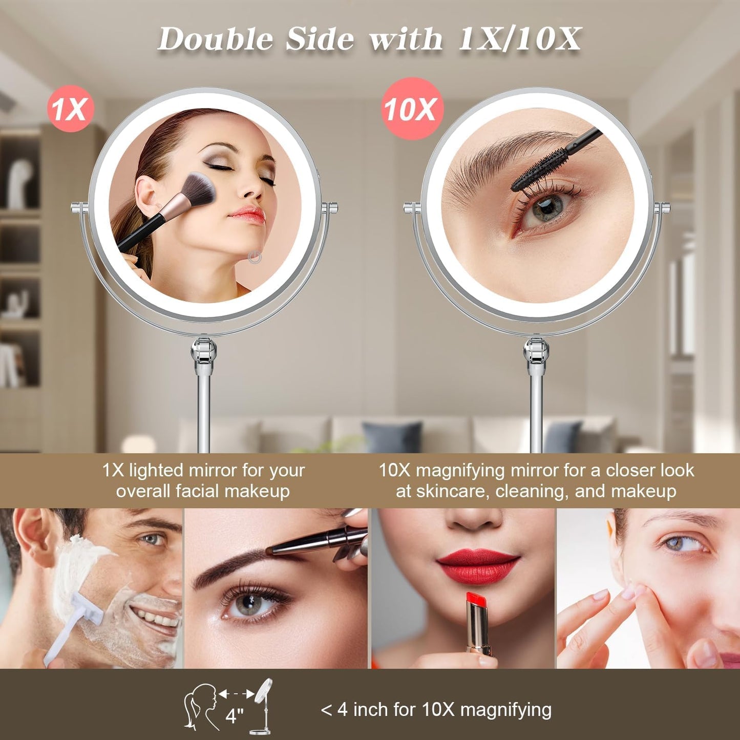 Rocollos Tabletop Makeup Mirror with Built-in Vanity Tray, 9" Rechargeable 4000mAh Lighted Vanity Mirror 1X/10X Magnification, Height-Adjustable Arm, 3 Color Dimmable (9Inch Chrome)