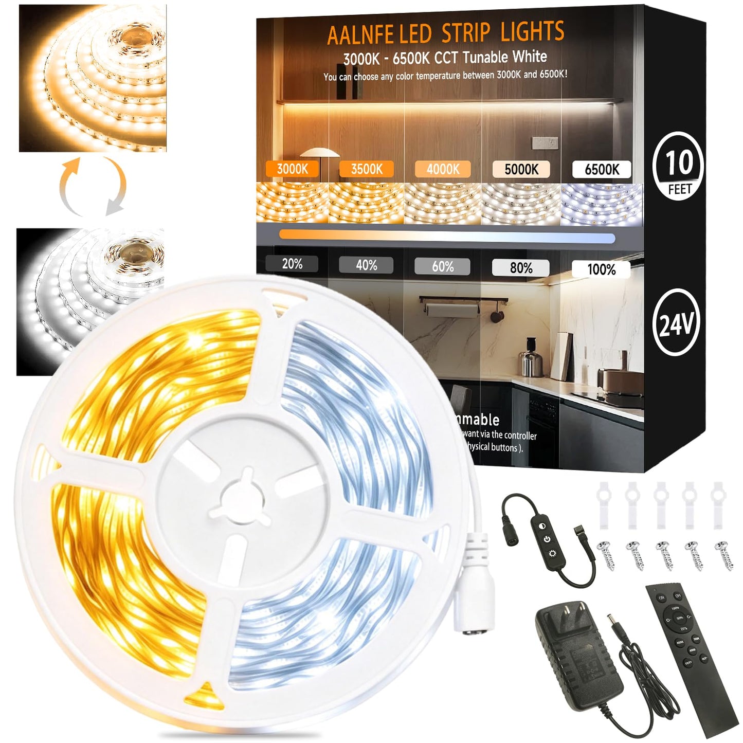 10 Ft LED Strip Lights, 24V Dual White & Warm White LED Strip Light Kit, Tunable 3000K-6000K with Dimming & Color Temperature Adjustment for Bedroom, Mirror, Home Lighting