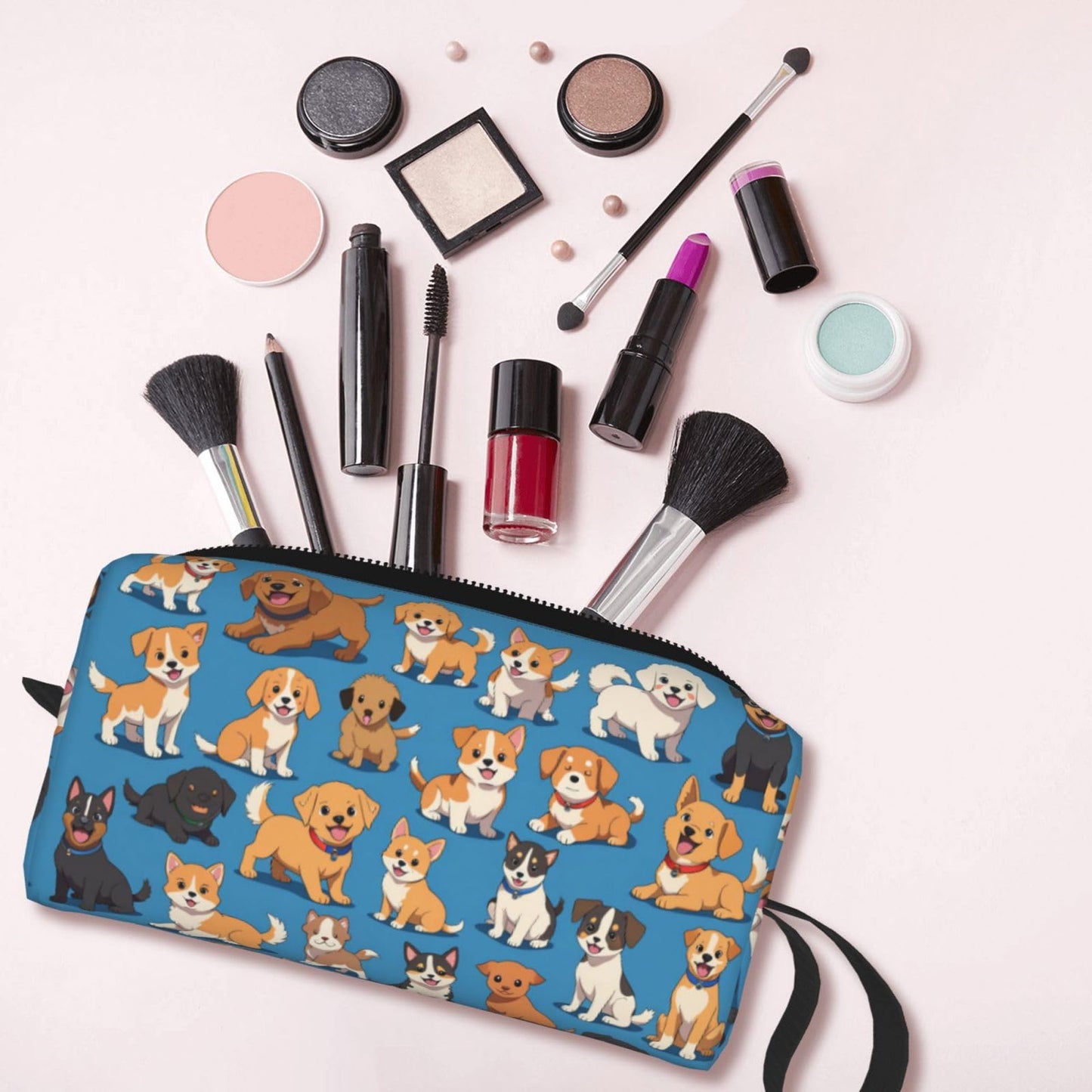 OLUSENMO Adorable Dogs Makeup Bag Small Compact & Durable Puppy Travel Cosmetic Bag Organizer 600D Oxford Fabric Multi-Purpose Storage Perfect for Travel, Gym, Daily Use