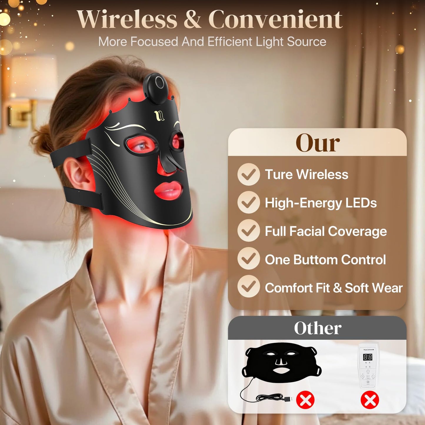 Red Light Therapy Mask for Face with 7 Modes, Wireless LED Face Mask Light Therapy with 850nm Infrared, 660nm Red, 460nm Blue Light, Lightweight Design for At Home, Travel Skincare Gifts