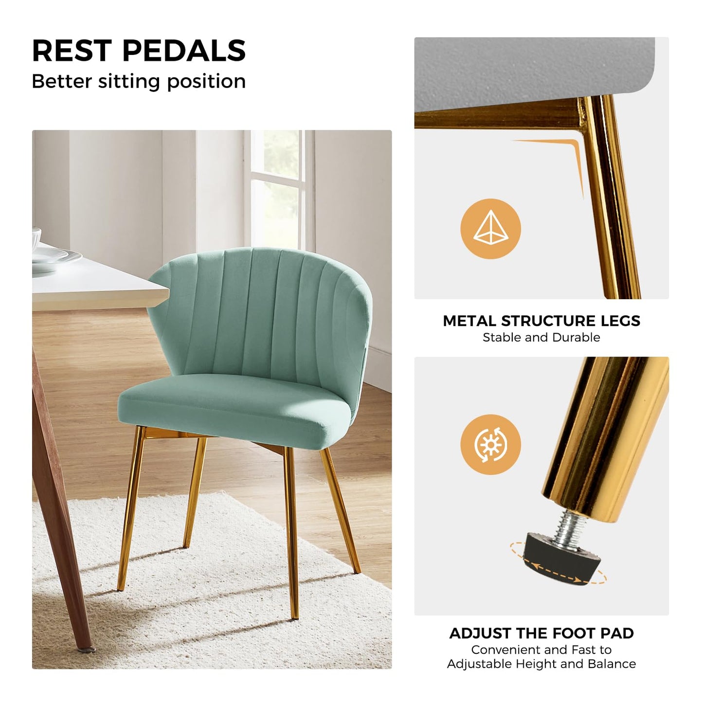 HULALA HOME Velvet Dining Chairs, Modern Small Armless Accent Chair with Gold Metal Legs, Living Room Upholstered Cute Side Chair, Elegant Tufted Back Vanity Chair for Bedroom/Beauty Room-SAGE