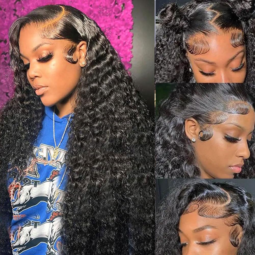 Rozilo 30 Inch Deep Wave Lace Front Wigs Human Hair 200 Density 13x4 HD Lace Frontal Wigs Human Hair Pre Plucked Deep Curly Glueless Wigs Human Hair for Women Natural Black