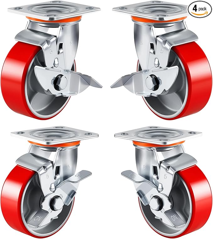 5 Inch Heavy Duty Caster Wheels Set Of 4 Industrial Casters With Side Brake,Load 4000Lbs,Polyurethane Silent Steel Wheels,for Heavy Duty Die,Industrial Equipment Movement,U-Boat Cart(4 SideBrake)