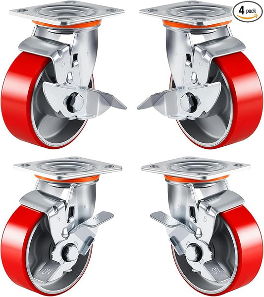 5 Inch Heavy Duty Caster Wheels Set Of 4 Industrial Casters With Side Brake,Load 4000Lbs,Polyurethane Silent Steel Wheels,for Heavy Duty Die,Industrial Equipment Movement,U-Boat Cart(4 SideBrake)
