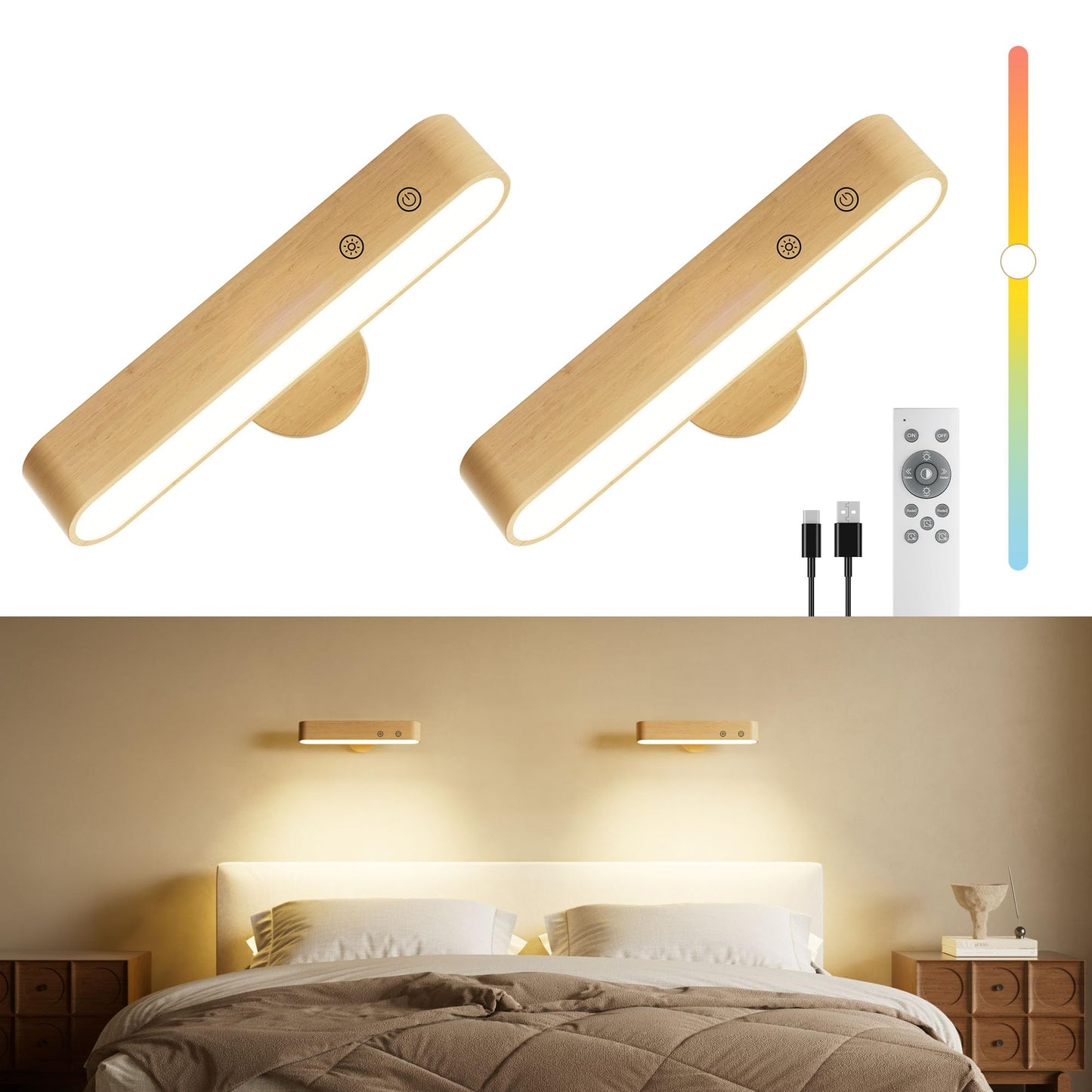 PopoIron Rechargeable LED Wall Sconces Set of Two,Wall Lights for Bedroom with Remote Control and Touch,360° Magnetic Rotation,3 Colors Dimmable Brightness Wood Wall Lamps with 15 RGB Colors,2 Pack