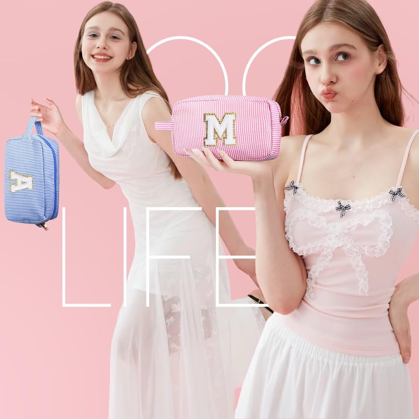 YOOLIFE Birthday Gifts for 6 7 8 9 10 11 12 13 14 15 Year Old Teen Girl - Initial Makeup Bag Letter Toiletry Pouch Cosmetic Case, Personalized Teen Girl Gifts Trendy Stuff Party Favor, Pink L