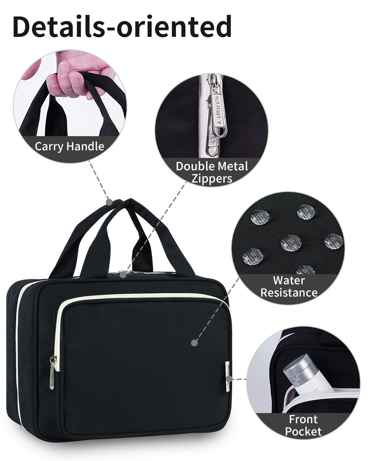 Narwey Travel Toiletry Bag for Women Large Hanging Makeup Bag Organizer Toiletries Bag for Full Size Essentials Accessories Cosmetics (Black (Large))