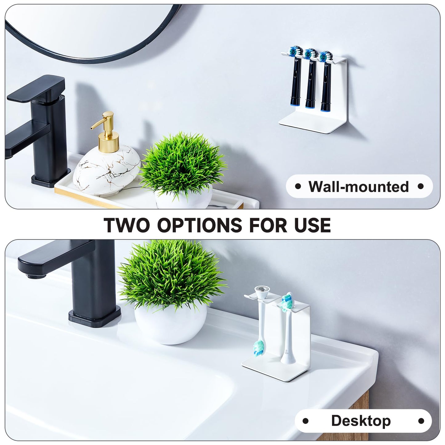 Electric Toothbrush Head Holder, Oukimly Toothbrush Holder Wall Mounted or Desktop, Metal Tooth Brush Holder, Shower Brush Head Holder, Electric Toothbrush Holder for Bathroom (White, Small)