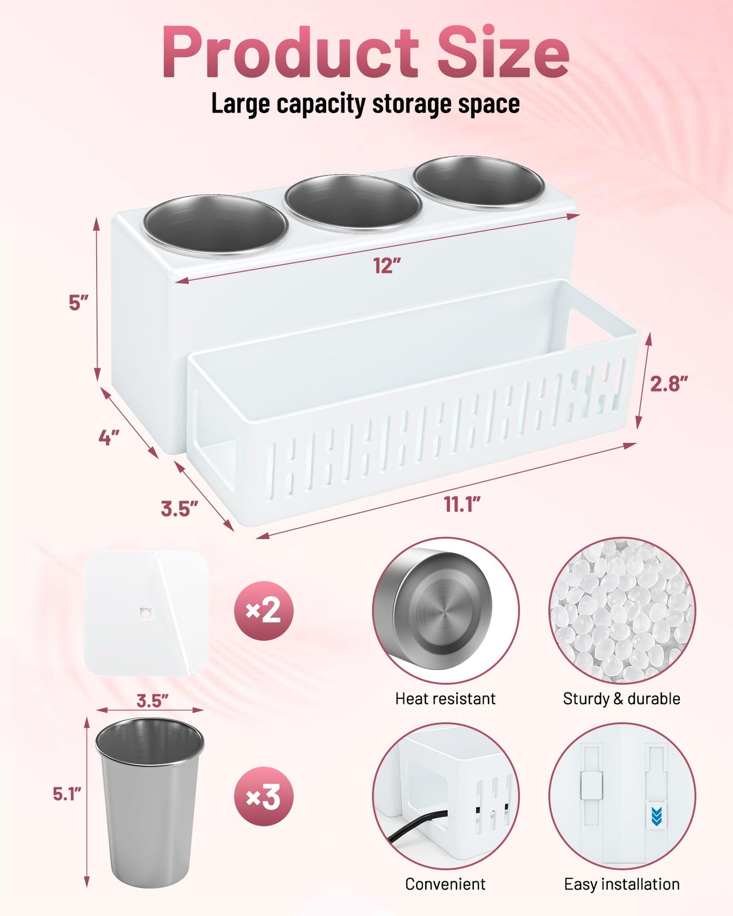 LATTYSY Hair Tool Organizer, Detachable Hair Dryer Holder with 3 Stainless Steel Cups, Wall Mounted Bathroom Organizers and Storage for Accessories, Curling Irons, Straighteners, Toiletries, Makeup