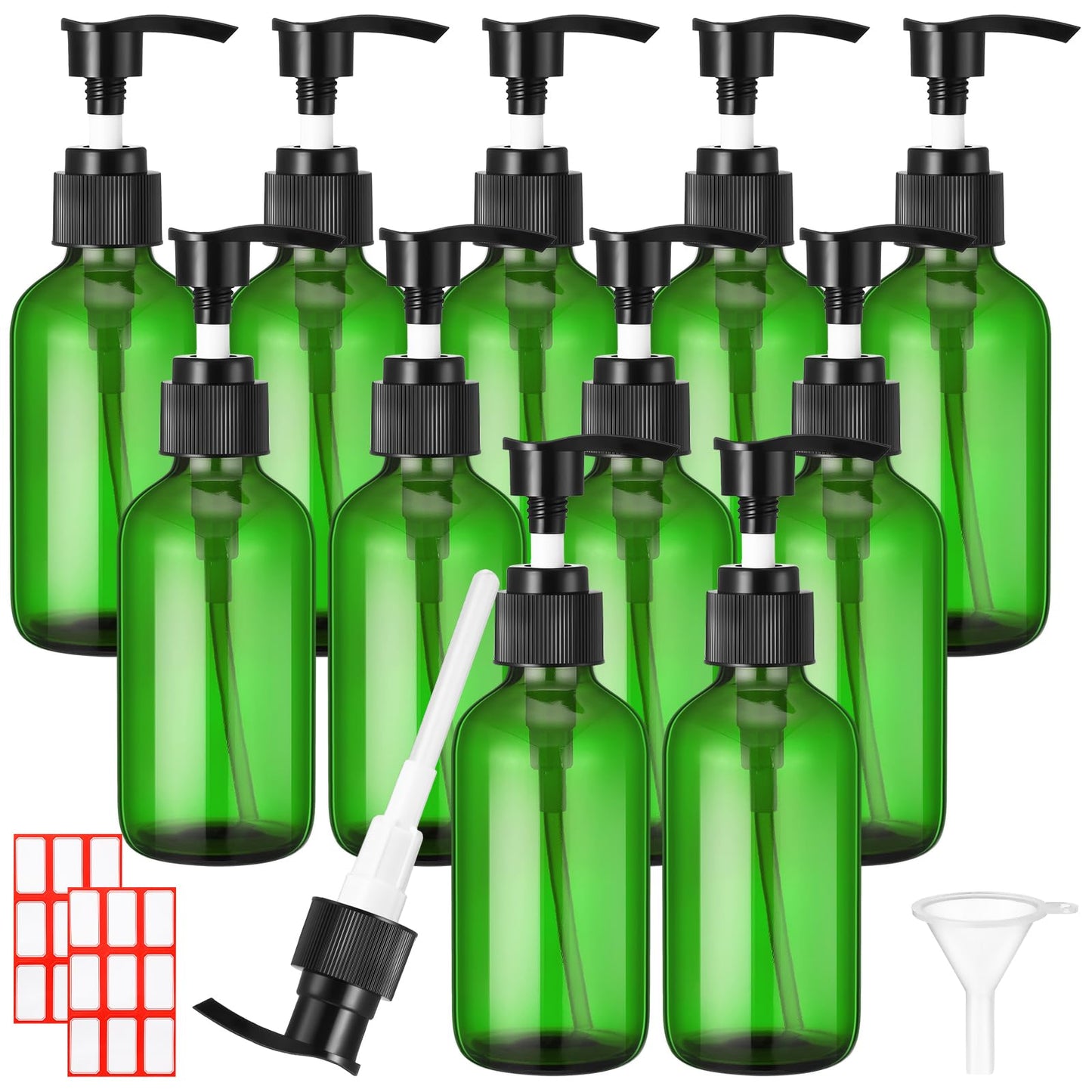Tanlade 12 Pcs Glass Pump Bottle Dispenser 4 oz Travel Bottles with Pump Refillable Glass Containers for Toiletries Lotion Liquid Soap Shampoo Essential Oils Cosmetic Travel Accessories(Green)