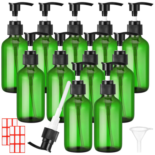 Tanlade 12 Pcs Glass Pump Bottle Dispenser 4 oz Travel Bottles with Pump Refillable Glass Containers for Toiletries Lotion Liquid Soap Shampoo Essential Oils Cosmetic Travel Accessories(Green)