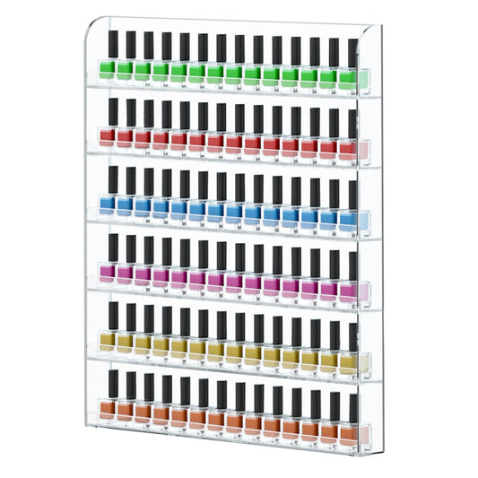 FEMELI 20 * 24 Inch Nail Polish Wall Racks 1 Pack, Hold Up to 120 Bottles,Clear Acrylic Nail Polish Shelf Organizer Wall Mounted 6 Rows (1)
