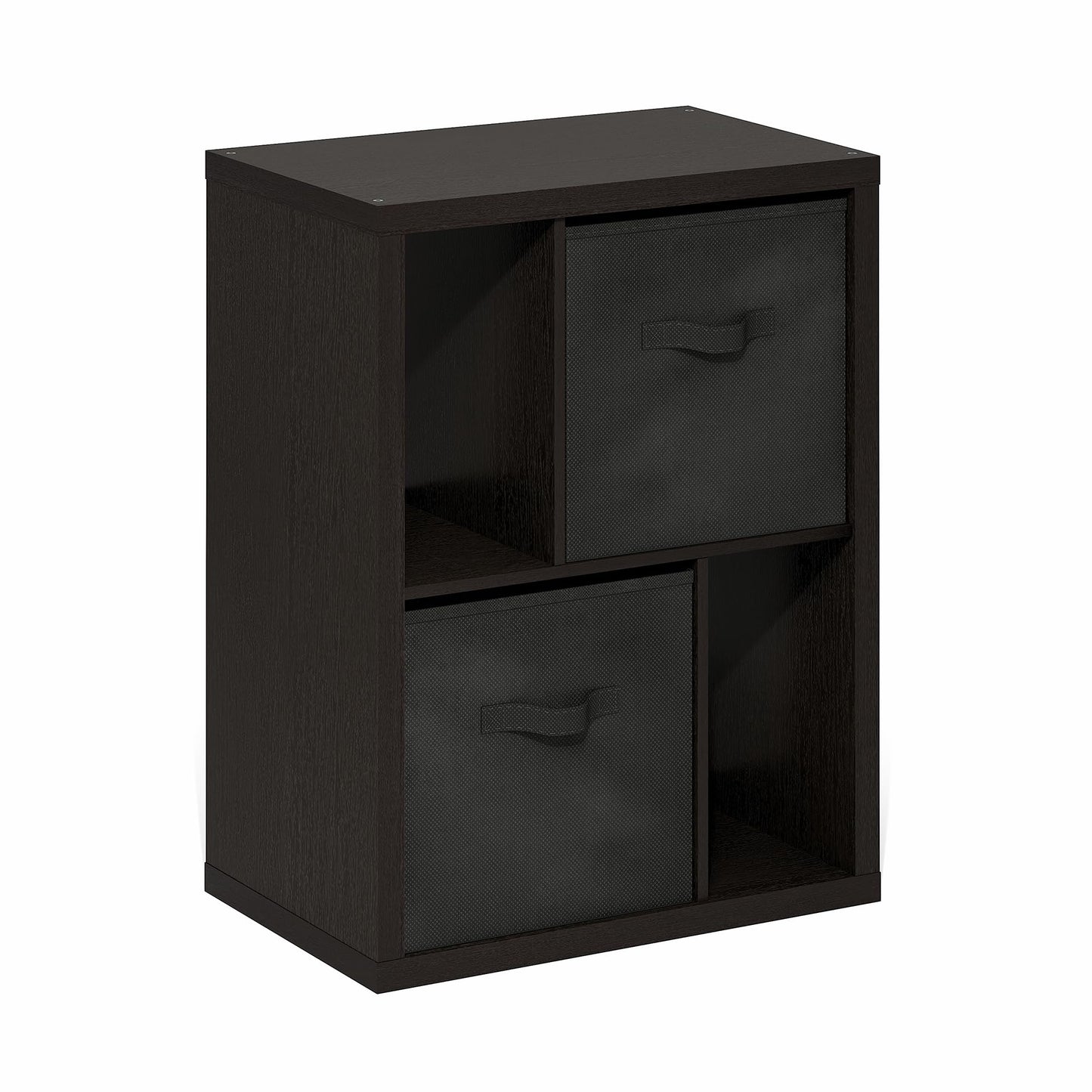Furinno Viola Storage Shelf, 2-Tier Display Rack with 2 Drawer Bins, Extra Thick Frame Bookshelf, Reversible, for Organization, Living Room, Home Office, Black Dark Oak